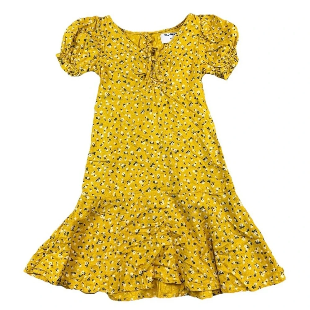 Old Navy Girl's Yellow Floral Fit & Flare Crepe Dress‎ Short Sleeve Sz 8 Boho
